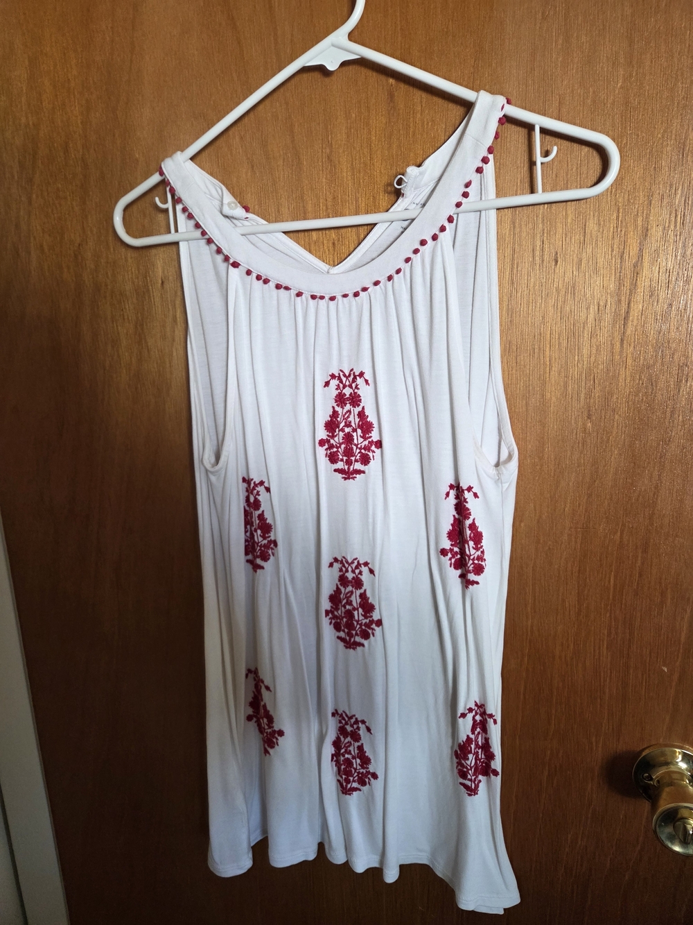 Ann Taylor White Tank Top with Red Embroidered Motifs